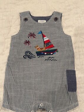 Mud Pie Navy & White Striped Sailboat Romper with Red & Green Accents